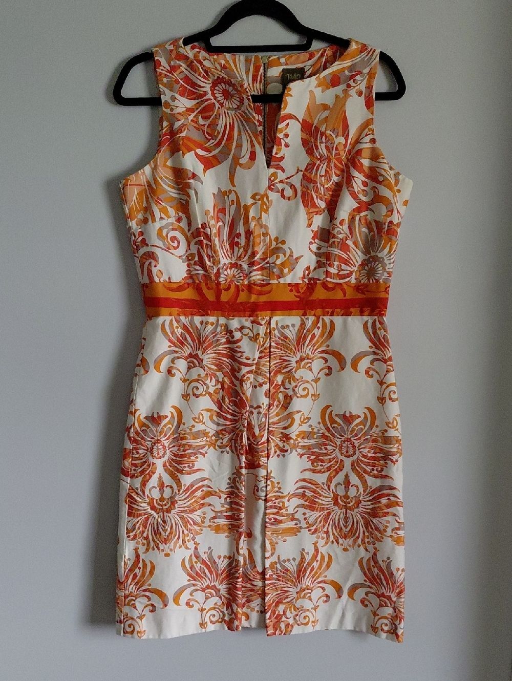 Taylor Orange Floral Garden Party Damask Sleeveless Cotton Sheath Dress Modest